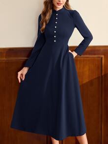 Vintamour Vintage Elegant Women's Dress With Pockets, Button Cheongsam Collar, New Chinese Style Casual Commute Vacation Holiday Dress - Navy Blue - View 8