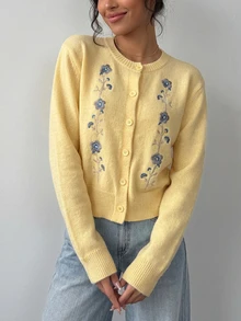 SHEIN Round Neck Short Embroidered Autumn/Winter Knit Cardigan Everyday Date Blue Floral Cottagecore Cute - Yellow - View 7