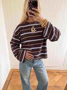 SHEIN EZwear 海外長袖草莓巧克力條紋上衣，秋季襯衫，適合日常通勤、派對、秋冬春夏、聖誕節、新年、感恩節、派對、婚禮、海灘、畢業典禮、優雅、外出、約會、通勤、情人節、優雅、度假、Y2K、畢業典禮及其他場合 - 彩色 - 查看 5