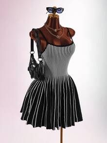 Amplova Women's Striped Low Cut Backless A-Line Knit Dress - Suitable For Street Photography, Parties, Halloween - Black and White - View 4