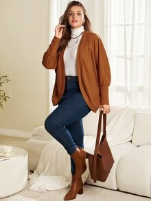 Rosumi Women's Plus Size Brown Textured Long Sleeve Knit Cardigan - Brown - View 4