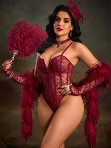 PinupPomp Body moldeador de encaje ultra sexy con mangas, estilo hot girl, atuendo de fiesta y lencería exterior, escote en V profundo - Burdeos - Ver 1
