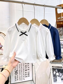 Elladie kids 女童 3 件組蝴蝶結長袖 Polo 衫，條紋立領精緻圓鈕扣，長袖 T 恤，基本素色修身 T 恤，適合返校季 - 彩色 - 查看 4