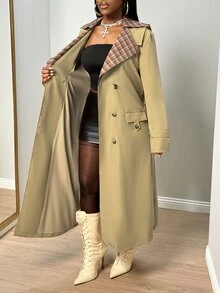 SHEIN BamGlam Mantel Panjang Wanita Model Terbaru Musim Gugur-Dingin 2026, Berlengan Panjang, Berkerah Kancing Depan, Kain Bermotif Kontras, Dilengkapi Sabuk, Cocok untuk Pakaian Luar di Musim Gugur dan Musim Dingin - Khaki - View 4