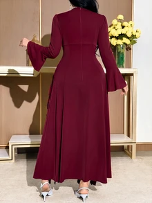 Feyla Plus Size Fashion Pleated Ruffle Trim Evening Dress - Burgundy - View 2