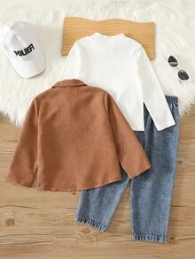 SHEIN 3件套童裝男孩秋冬休閒穿搭組合，包含內層白色高領T恤、卡其色襯衫外套與牛仔長褲，三件式外衣套裝男孩套裝 - 彩色 - 查看 2