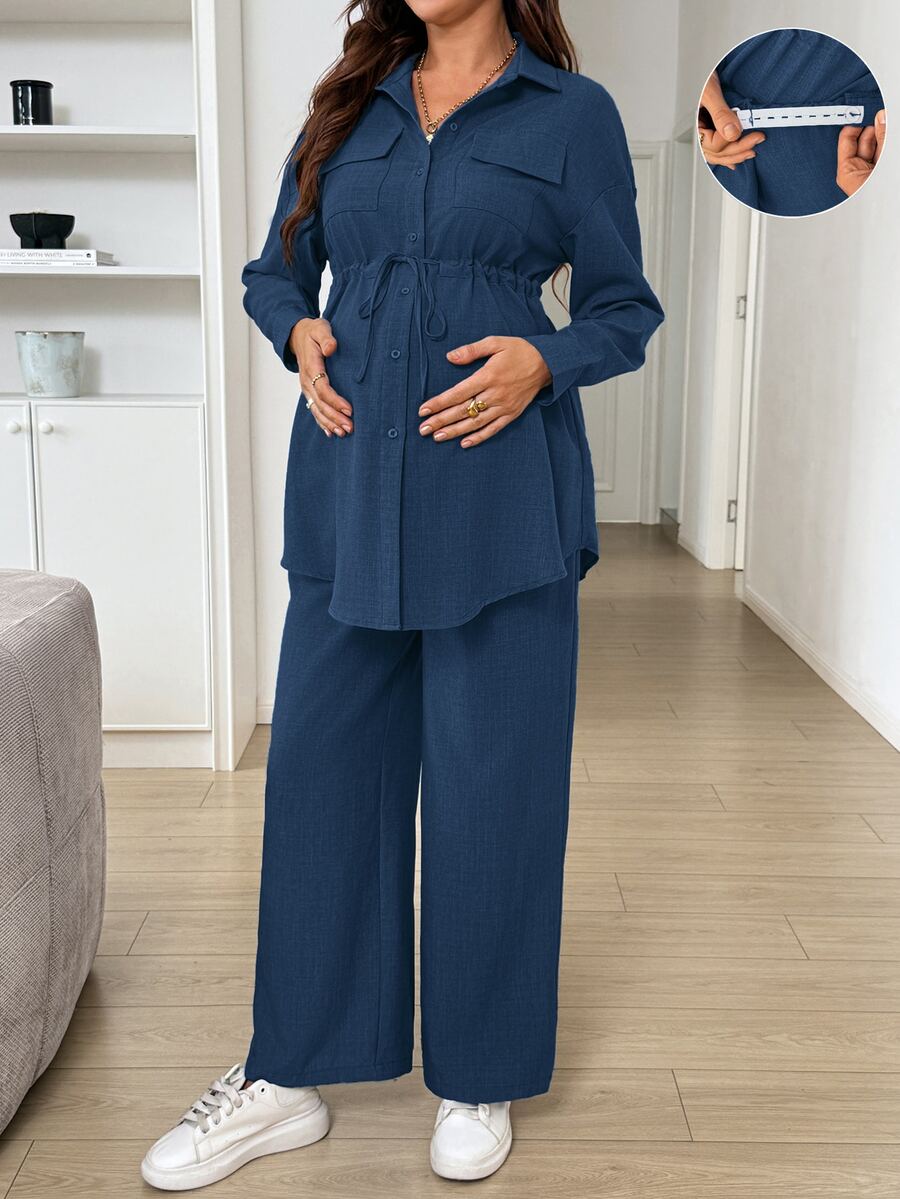 SHEIN Maternity Solid Color Long Sleeve Top And Adjustable Waist Long Pants 2 Pieces Set Fall - Navy Blue - View 1