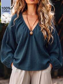Linhara CURVE Women's Plus Size V-Neck Casual Blouse, Autumn/Winter Outdoor Top - Blue - View 1