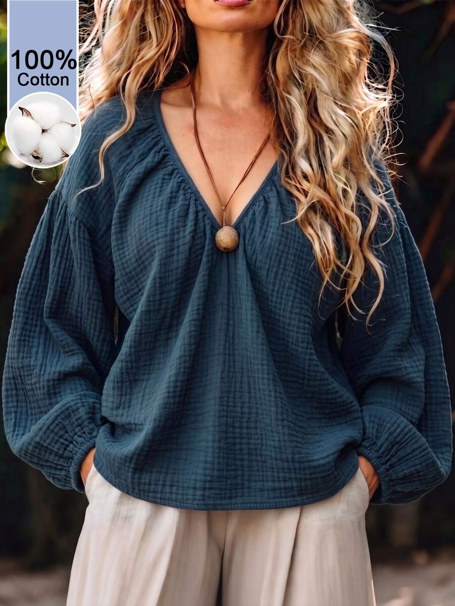 Linhara CURVE Women's Plus Size V-Neck Casual Blouse, Autumn/Winter Outdoor Top - Blue - View 1