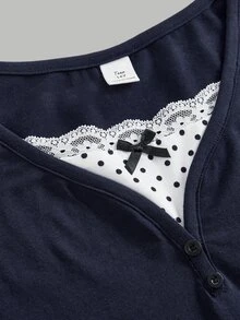 Girlism 青少年女孩 T-Shirt 套裝 秋冬簡約配色拼接波點亨利領長袖上衣與長褲套裝，休閒優雅學院風返校穿搭 - 藏蓝色 - 查看 5