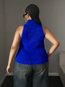 Maweii Plus Size Women's Mink Fur Texture Ultra Short Fashion Sweater Vest - Blue - View 3