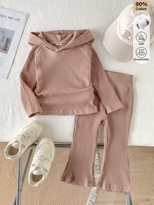 SHEIN 2Pcs Baby Unisex Ribbed Knit Hooded LongSleeve Top & Flare Pants Set, Casual Solid Color Outfit - Coffee Brown - View 1