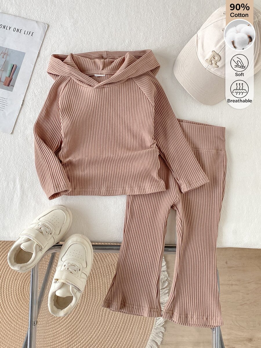 SHEIN 2Pcs Baby Unisex Ribbed Knit Hooded LongSleeve Top & Flare Pants Set, Casual Solid Color Outfit - Coffee Brown - View 1