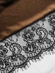 Cévolie Fashionable Minimalist Design Cowl Neck Lace Patchwork Top - Coffee Brown - View 5