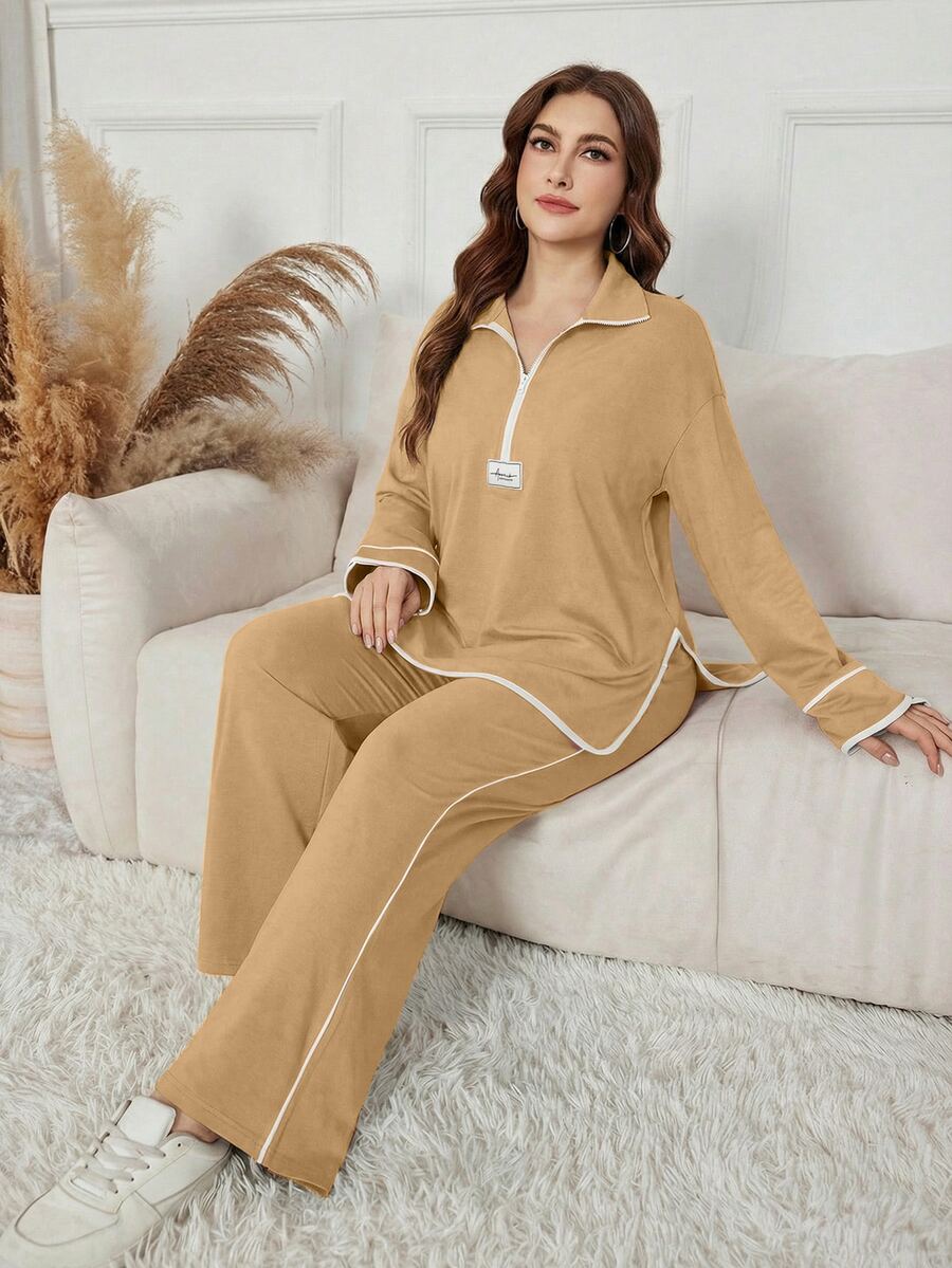 Modelyn 女款秋冬黑色立領半拉鍊字母貼布運動衫,寬鬆休閒百搭 2 件套 - 駝色 - 查看 1