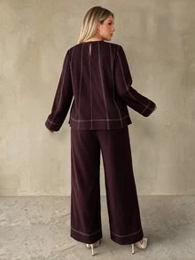 Auralis Plus Size Women's Round Neck Long Sleeve Shirt And Pants Casual 2 Pieces Set - Brown - View 2