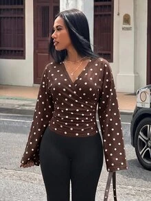 Slaydiva 女款波點V領抽褶腰長袖T恤 - 鏽棕色 - 查看 1