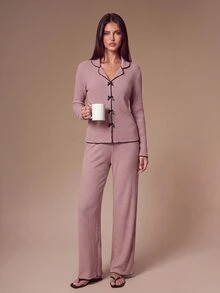 SHEIN Women's Ribbed Brushed Lapel Bow Decor Long Sleeve Top And Pants Pajama Set, Comfortable Loungewear Set For Autumn/Winter, Autumn Clothing - Purple - View 1