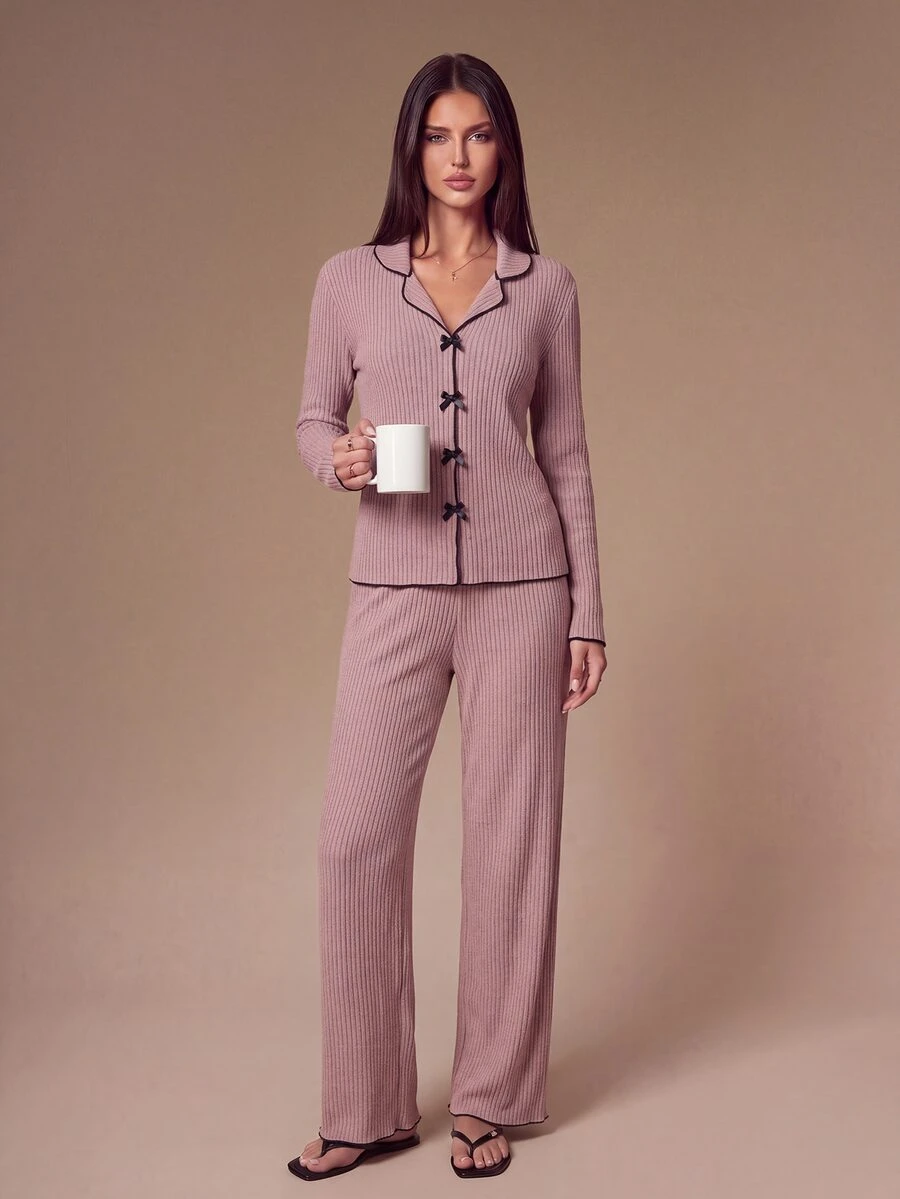 SHEIN Women's Ribbed Brushed Lapel Bow Decor Long Sleeve Top And Pants Pajama Set, Comfortable Loungewear Set For Autumn/Winter, Autumn Clothing - Purple - View 1
