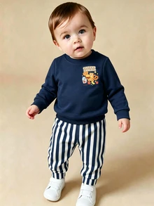 1套幼童休閒食物與零食印花圓領長袖衛衣套裝，卡通漢堡餅乾牛奶趣味圖案，寬鬆版型標準肩寬長袖薄款2件套，適合日常外出、幼兒園、旅行，百搭男童服飾，春秋幼童時尚長袖衛衣與長褲套裝，嬰兒外套運動套裝 - 彩色 - 查看 6