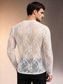 ZURIURI Men's Elegant Casual Lace Sheer Long Sleeve T-Shirt - White - View 2