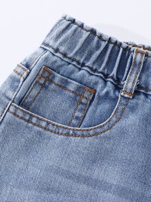 SHEIN Celana Jeans Denim Gaya Y2K untuk Anak Perempuan, Desain Pita Pink dengan Motif Hati dan Jumbai, Pinggang Elastis, Pas Nyaman, Gaya Minimalis Modis dan Serbaguna, Cocok untuk Semua Musim - Light Wash - View 5
