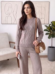 Solavon Women's Round Neck Long Sleeve Casual Versatile Sweater And Knit Pants Casual Set - Pink - View 6