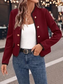 SHEIN Clasi Elegant Chic Black & White Metallic Button Decor Fitted Women Jacket In Fall/Winter - Burgundy - View 5
