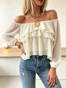 Cévolie French Style Ruffle Off-Shoulder Top - Apricot - View 4