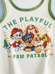 SHEIN | PAW Patrol طقم تانك توب وشورتات بطباعة كرتونية وحروف للأولاد الصغار - اخضر زيتون - مشاهدة 5
