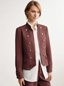 Briarwyn Jaket Blazer Kasual Gaya Napoleon Warna Polos untuk Wanita, Musim Dingin - Coffee Brown - View 3