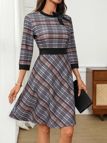 EMERY ROSE Plaid Tweed A-Line Dress With Bow Detail & Contrast Trim, Round Neck 3/4 Sleeve Fit & Flare Mini Dress For Work Fall - Multicolor - View 8