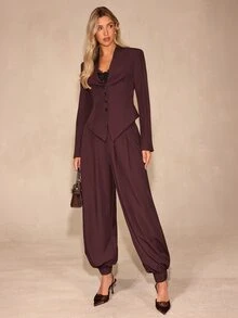 Enchnt Women's Regular Long Sleeve Single-Breasted Jacket And Jogger Pants Fashion Suit Set - Apricot - View 6