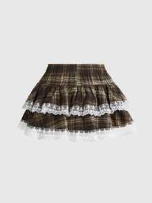 Sweetness Women's Autumn/Winter Plaid Contrast Lace Trim Multi-Layer Ruffle Skirt - Multicolor - View 2