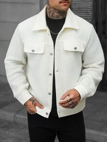 Manfinity CasualCool Men's Patchwork Wool Solid Color Button Long Sleeve Coat, Autumn Clothing, Winter - White - View 1