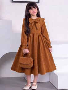 SHEIN 少女蝴蝶結裝飾百褶休閒日常夏季洋裝 - 棕色 - 查看 1