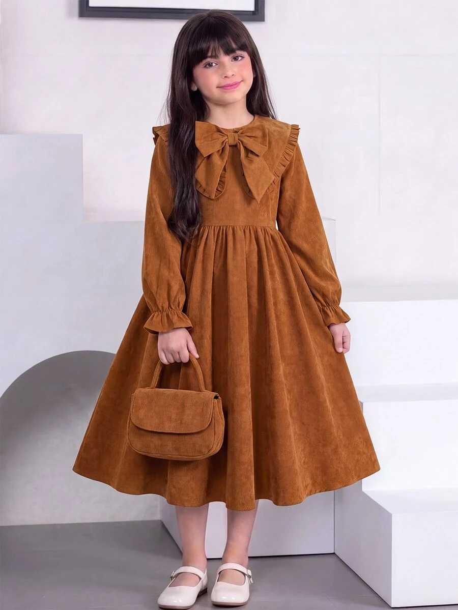 SHEIN 少女蝴蝶結裝飾百褶休閒日常夏季洋裝 - 棕色 - 查看 1
