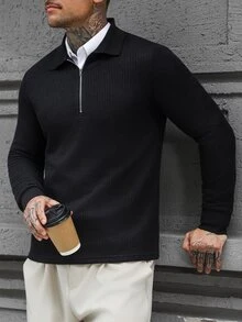 Manfinity CasualCool قميص بولو رجالي كاجوال بلون موحد وأكمام طويلة وتصميم بسحاب - الأسود - مشاهدة 7