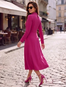 Editum Gaun Pesta Kasual Wanita Warna Polos dengan Kerah, Panjang Sedang - Hot Pink - View 2