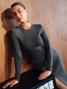 MOTF PREMIUM WOMEN'S COMMUTER WAIST-CINCHING SPLIT HEM LONG DRESS - Grey - View 7