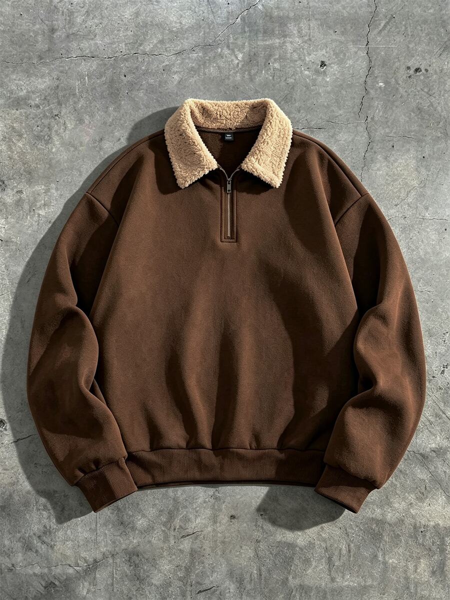 Manfinity CasualCool Men's Fleece Collar Half-Zip Sweatshirt, Loose Fit Turn Collar Pullover Sweatshirt For Autumn/Winter - Coffee Brown - View 1