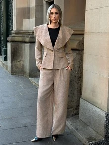 Aloruh Women's Autumn/Winter Brown Textured Lapel Waist-Cinching Blazer + Striped Wide-Leg Long Pants Suit Set - Brown - View 4