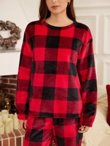 Doze Lane Versatile Minimalist Red Plaid Long Sleeve Loungewear Pajama Set - Multicolor - View 4