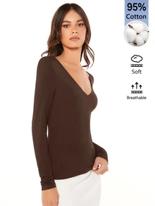 SHEIN BASICS 女款純色極簡百搭長袖T恤，適合日常穿著 - 咖啡棕 - 查看 3