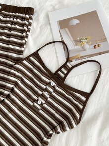 Elamini Women's Elegant Commute Casual Fashion & Versatile Striped Camisole Long Pants & 2 Pieces Set - Coffee Brown - View 4
