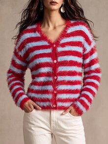 SHEIN 慵懶風 V 領撞色毛茸茸針織開襟外套 - 彩色 - 查看 8