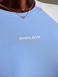 Amplova رومبير رياضي نسائي بأكمام قصيرة وفتحة خلفية وتصميم راجلان بألوان متباينة مع حرف - الأزرق - مشاهدة 6