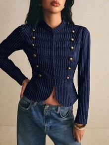 Poéselle Jaket Napoleon Kasual Wanita Lengan Panjang Bergaris dengan Kancing - Royal Blue - View 8