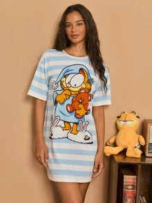 GARFIELD | SHEIN Women's Striped Round Neck Short Sleeve Casual Nightgown - Blue and White - View 5