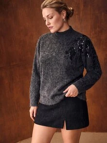 MOTF PREMIUM PLUS SIZE WOMEN'S SEQUIN STAND COLLAR CASUAL DAILY LONG SLEEVE SWEATER - Dark Grey - View 5